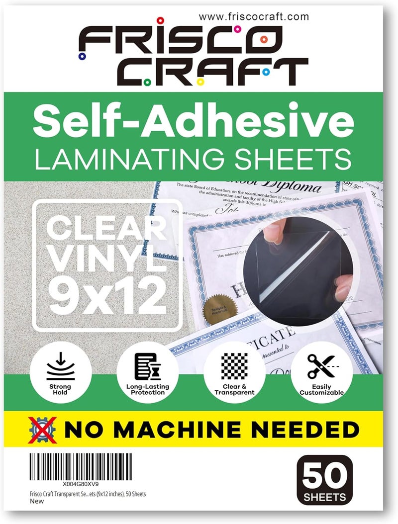 Frisco Craft Self Laminating Sheets, 50 PCS Clear Vinyl Adhesive Laminating Sheets, No Machine Needed, Self Sealing Laminate for Crafts, Photos, Documents, 9x12 Inch Clear Adhesive - Image 1